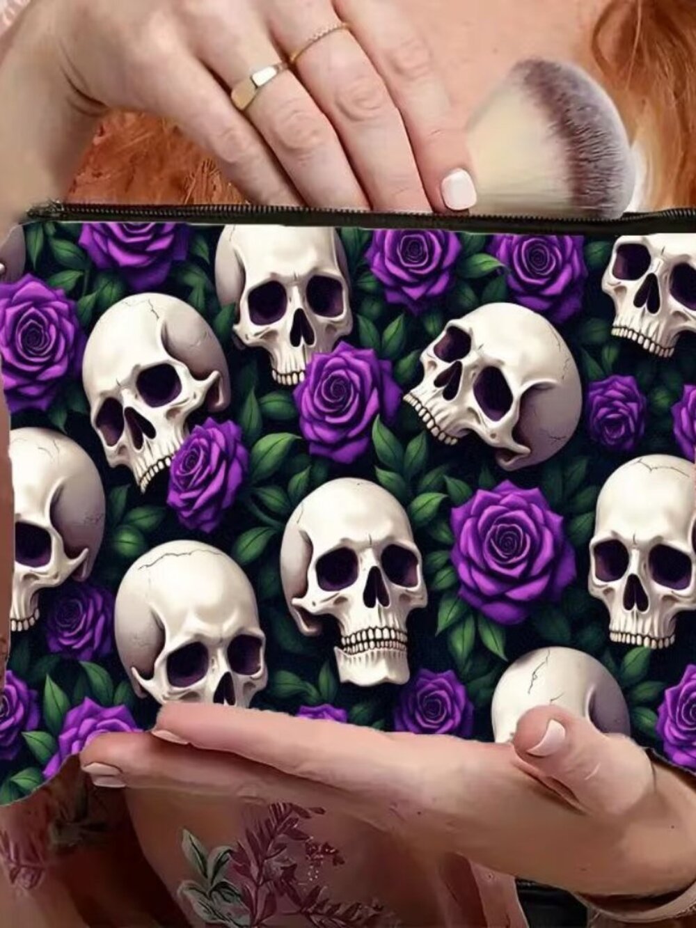 Halloween Dark Goth Skull & Purple Roses Makeup Bag Double-Sided 6.3h" x 8.7"w
